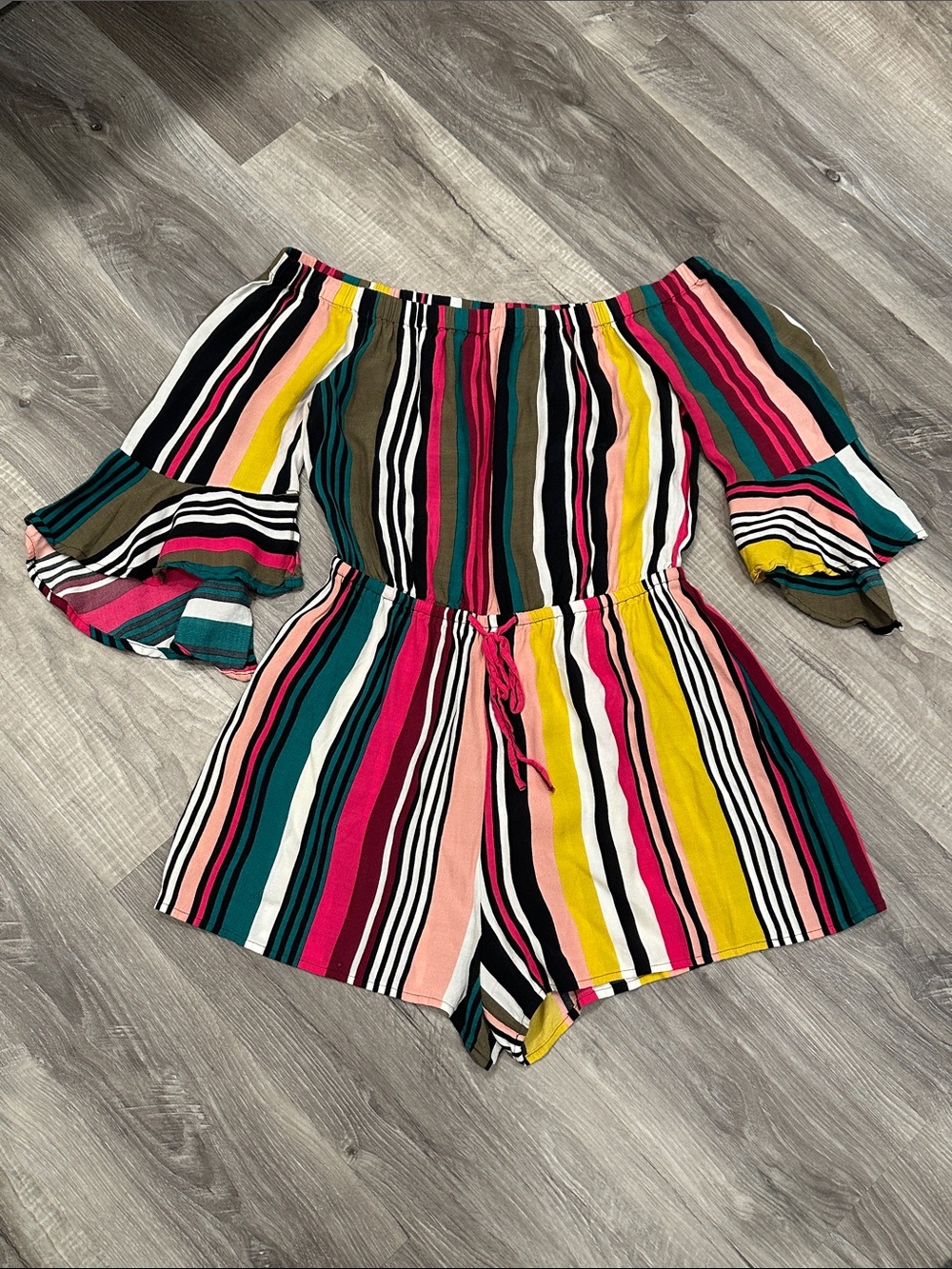 Express Off the Shoulder Striped Romper Bell Sleeve Medium M EUC